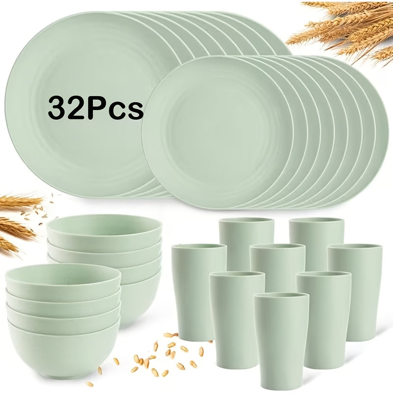 Brczuo16/32pcs Securely Fixed Non Fragile Plates, Wheat Straw Tableware Set, Microwave Dishwasher Safe, Durable Tableware, Black Set Includes 16 Plates, 8 Bowls, 8 Cups, Suitable For Family Gatherings, Birthday Parties, Camping