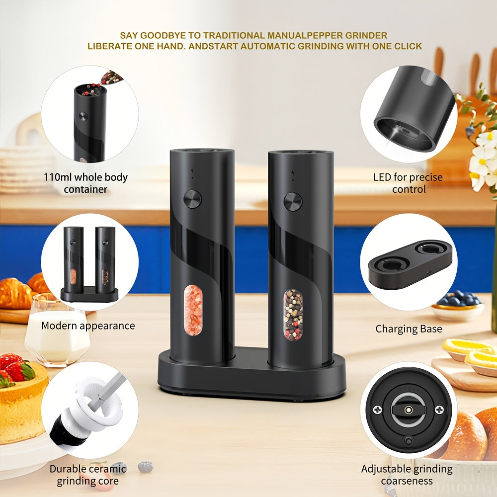 [Electric Spice Grinder] 1/2pcs Salt And Pepper Seasoning Bottles Electric Grinder Kitchen Electric Spice Grinder With Grinding Inspection Light Top-Filling Large Capacity Two-Piece Set With Charging Base Electric Spice Grinder Gift Set Preferred Kitchen