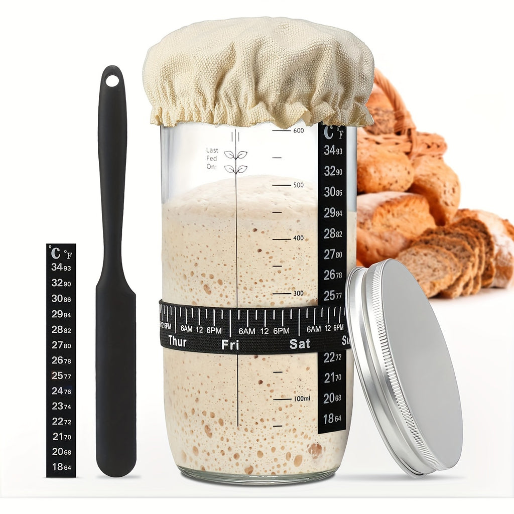 1/2pcs Fermentation Jar 24oz, Glass Jar with Auxiliary Label, Fermentation Jar Kit Set, Thermometer, with Scraper, Stitched Cloth Lid and Aluminum Lid, Suitable for Bread Baking Supplies, Juice Fermentation Glass Jar