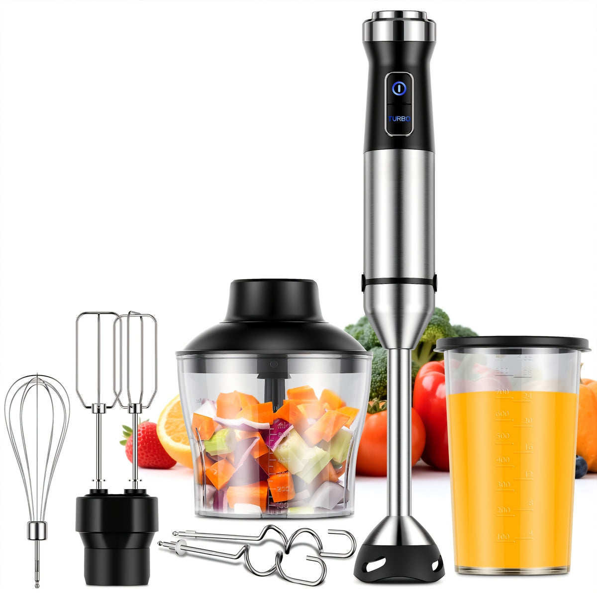 7-in-1 Immersion Blender Handheld 1000W 20-Speed & Turbo Mode, Scratch Resistance Hand Blender WIth Dough Hooks, Egg Beaters, Whisk, 27.05oz Beaker, 20.29oz Chopper Titanium Blades, BPA-Free