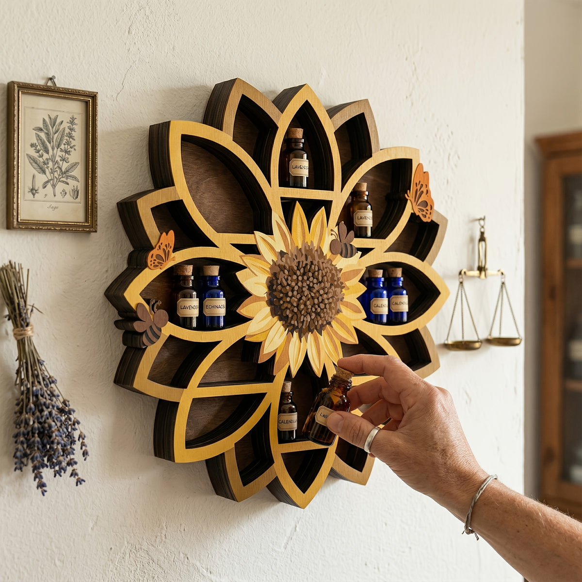 FNYDOXGI 1pc Wooden Sunflower Floating Shelves Wall-Mounted Organizer - UV Printed Spiritual Decor with Gemstones, Essential Oils & Meditation Art, Multi-Functional Storage for Living Room, Meditation Space, Meditation Room Decor, Vibrant Wall Art