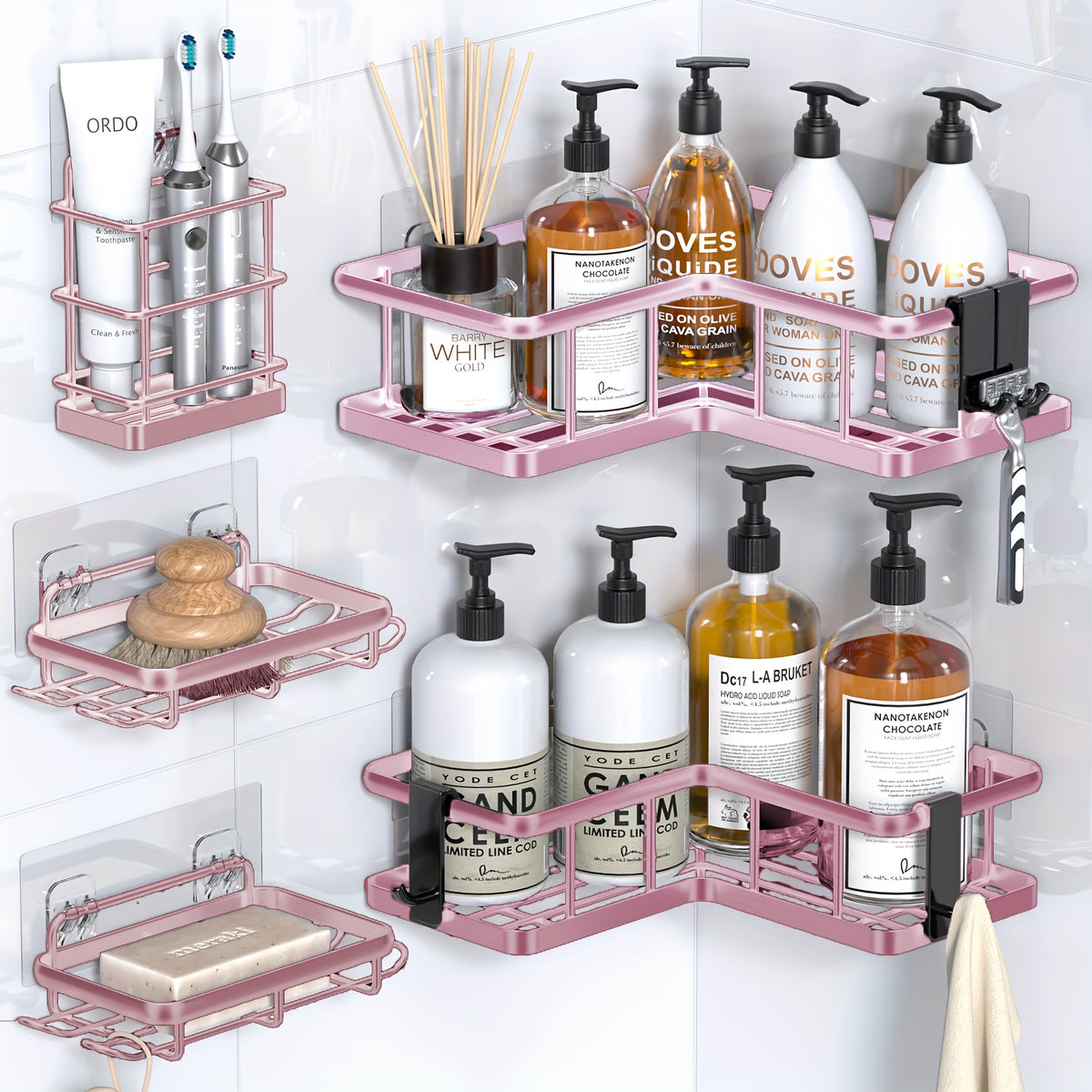 Corner Shower Caddy, 5-Pack Shower Organizer Corner With Soap Holder And 4 Removable Hooks, Rustproof Corner Shower Shelves, No Drilling Shower Shelf For Inside Shower, Random Color Properties To Choose, Shower Caddies