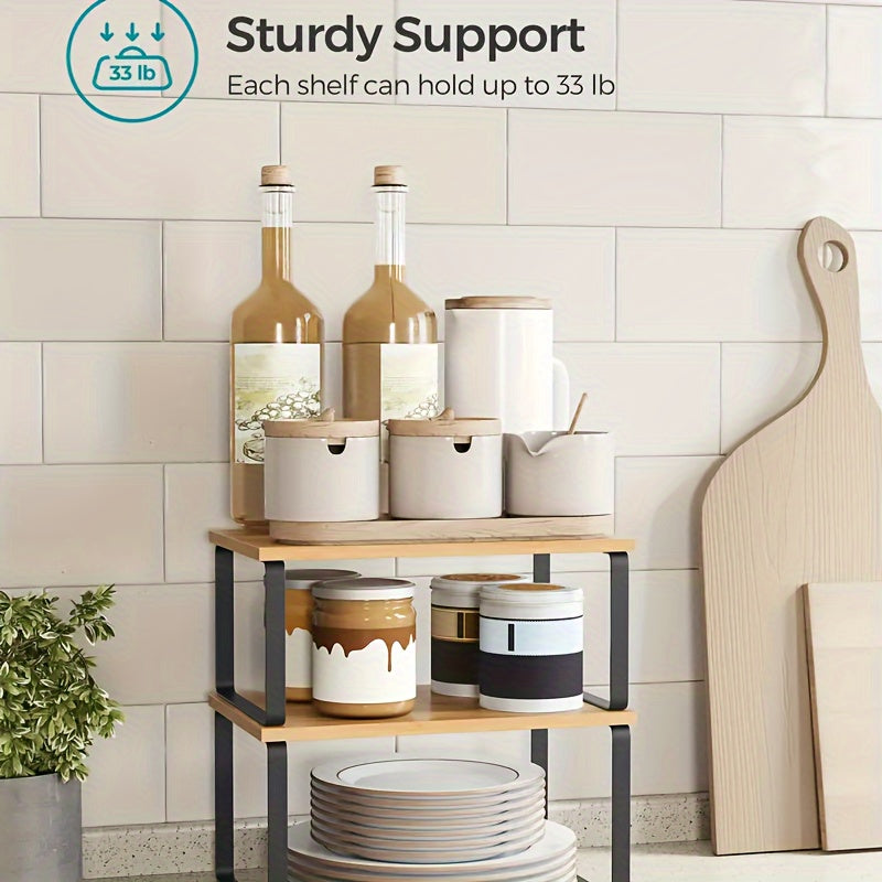 Set of Two Adjustable And Stackable Shelf Organizers - Versatile Wooden Storage Rack for Kitchen Counters, Spices, Bathrooms, And Pantries - a Space-Saving Gift for Home Organization Enthusiasts And Cooking Aficionados