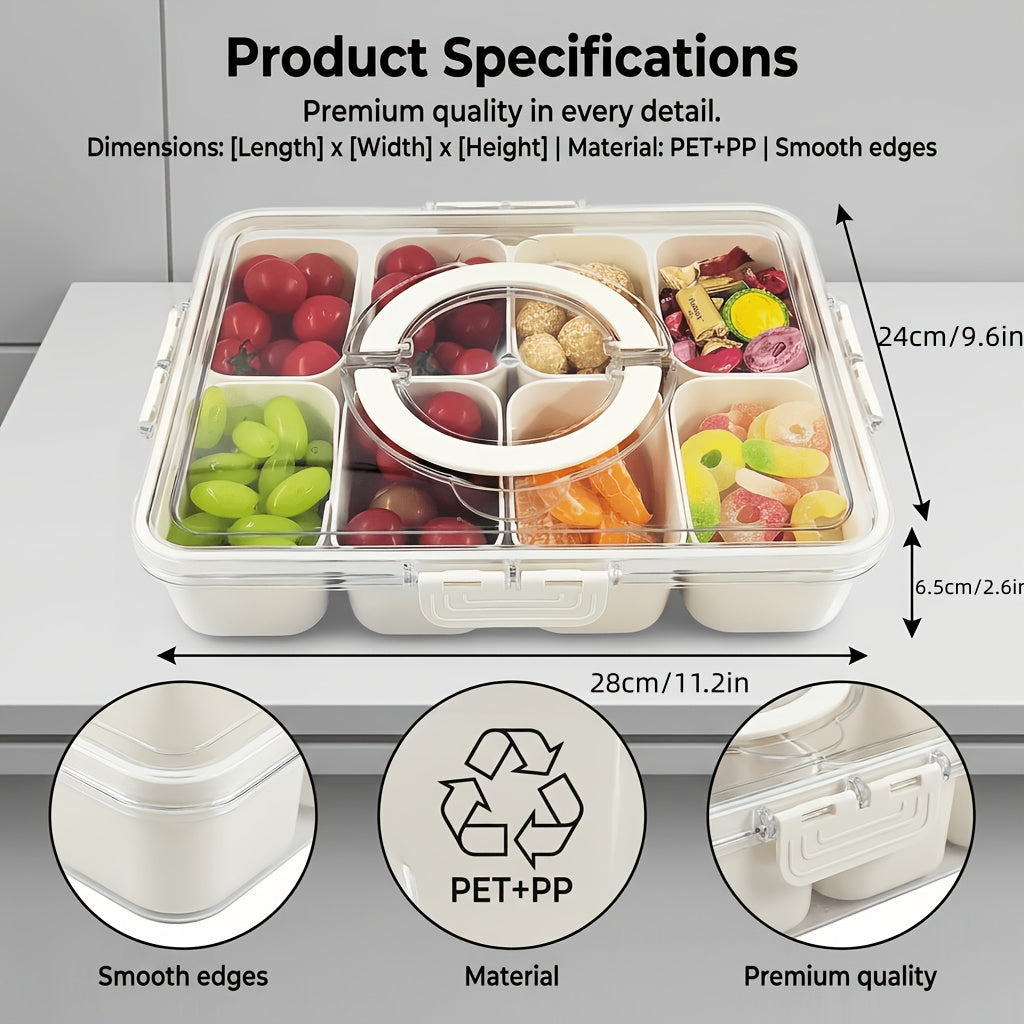 8-Compartment Divided Snack Box with Lid & Handle - Airtight BPA-Free Leakproof Plastic Storage Container Suitable for Parties, Picnics, Lunchboxes, Pantry Organizer, Square Lunch Tray with Snap- Lid for Home,, Office Use