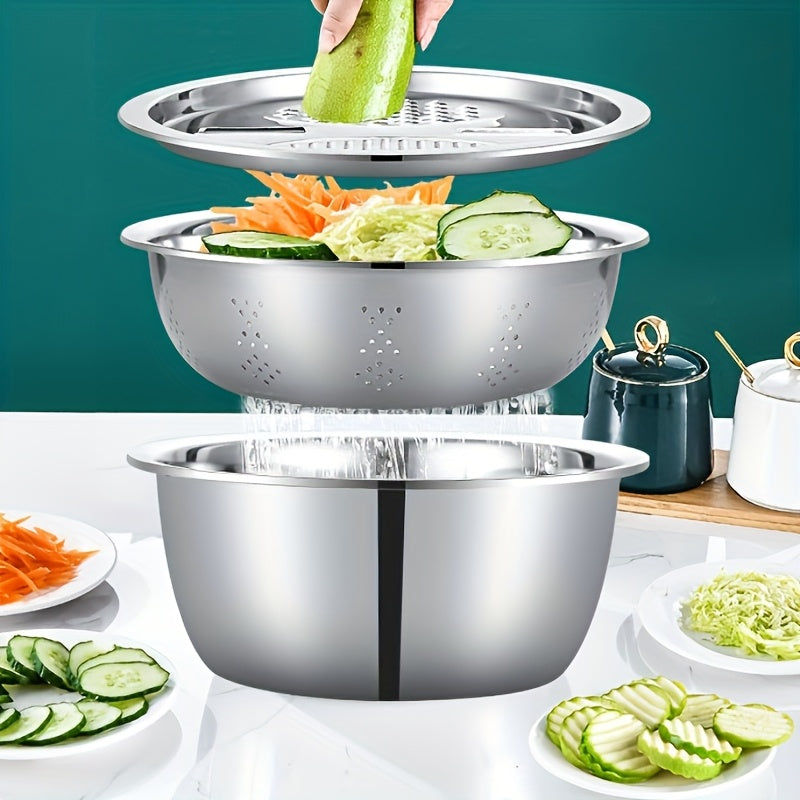 Set of 3 Stainless Steel Kitchen Tools Featuring a Built-In Grinder, Versatile Filter, And Mixing Bowl - Perfect for Washing And Slicing Fruits, Vegetables, And Cheese. Ensures Food Safety with a Drainage System