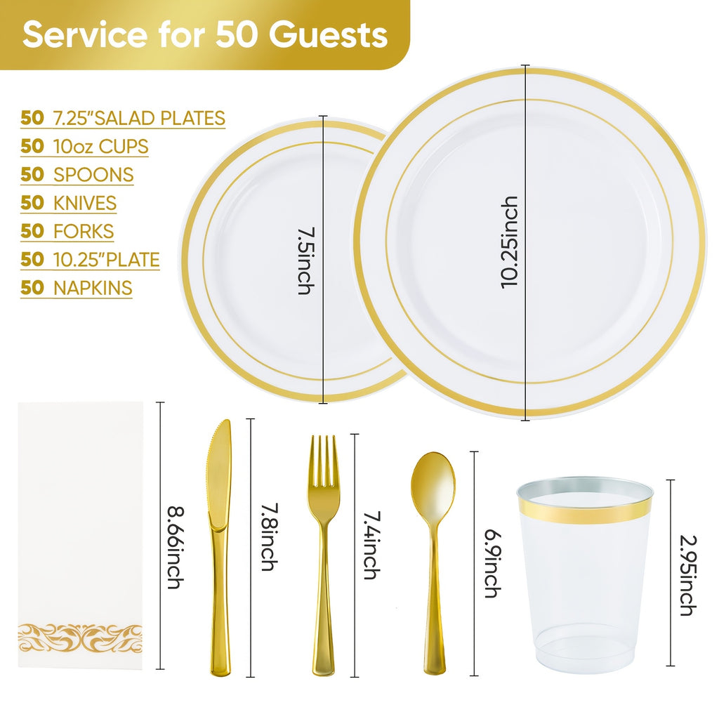 Set of 350/700 Golden/Silver Disposable Plates for 50/100 Guests, Disposable Plastic Plates for Parties, Wedding, Graduation, Birthday, Dinnerware Set of Dinner Plates, Salad Plates, Cutlery, Cups And Napkins