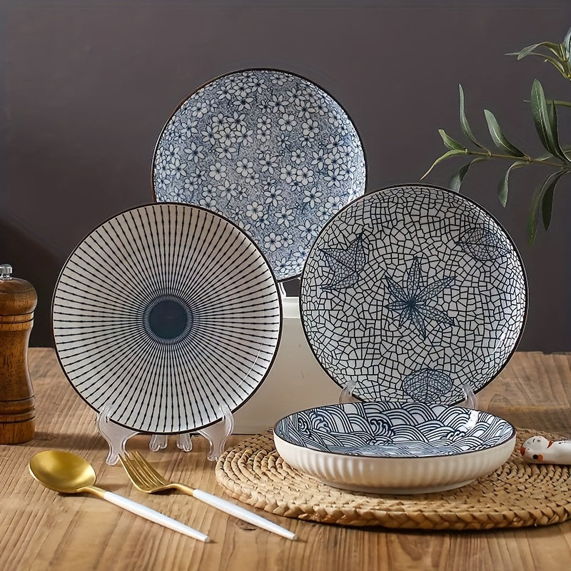 4pcs Set Of Japanese-style Ceramic Floral Plates Yamada Household Serving Plate, Nordic-style Steak Plate, Ceramic 7-inch Deep Plate, Non-slip Edge, Underglaze Color Round Plate