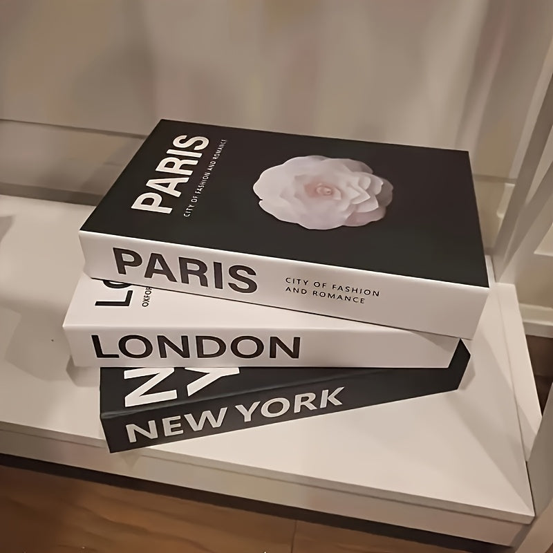 3pcs Set Modern Faux Books - Elegant Minimalist Fake Books with Parisian & New York City Themes, & Spine Design, Paper Material Decorative Bookends for Living Room, Bedroom, Coffee Table - Versatile Indoor/Outdoor Home Decor, No Power Needed