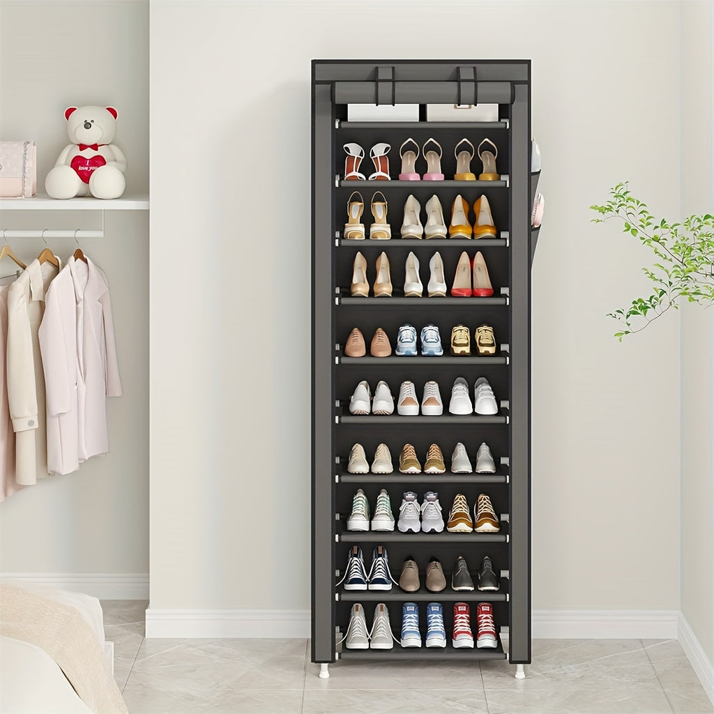 10-layer 9-compartment Large Sturdy Non-woven Shoe Cabinet, with Dust Cover Two Cloth Bags, Space-Saving Narrow Design, Easy Assembly for Entryway, Closet, Dorm, Home - Multi-Layer Combination Storage Cabinet for Cloth And Steel Shoes