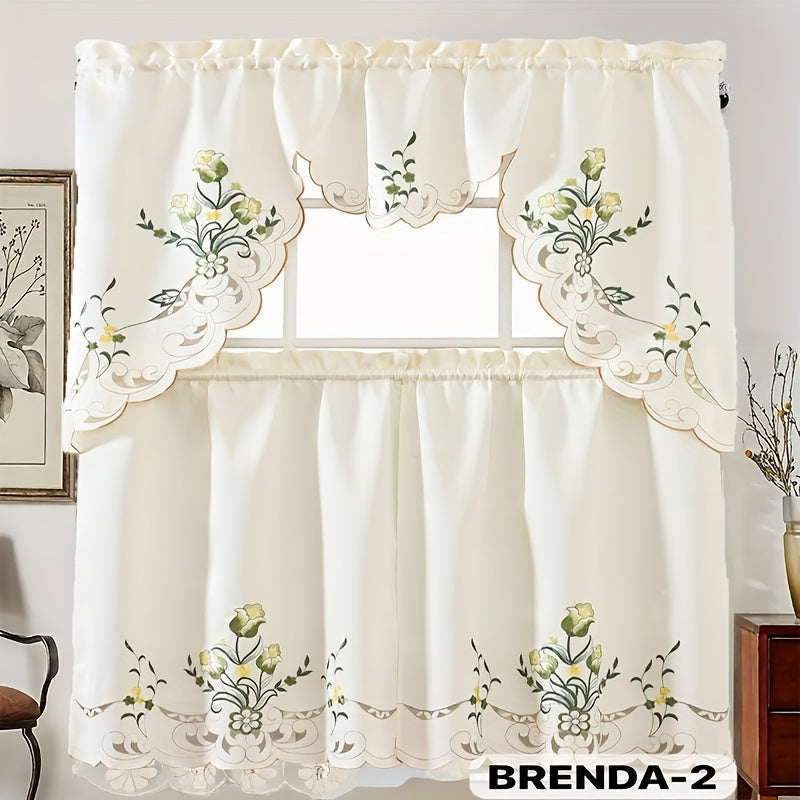 3pcs Bamboo Embroidered Kitchen Curtain Set, Floral Embroidery, Lightweight and Soft, Easy Care, Machine Washable, Satin Fabric, Embroidered