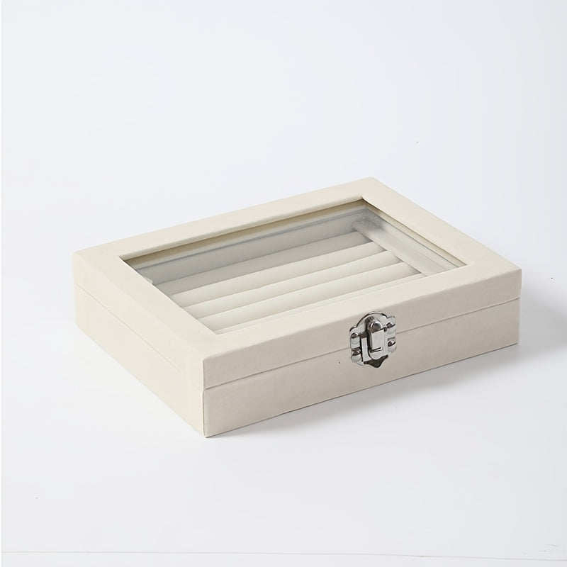 49-Ring Capacity Glass-Like Plastic Jewelry Box with Locking Lid - Large Rectangular Ring & Earring Storage Case for,, Dresser Organizer - Waterproof & Anti-Tarnish, 4 Colors (Black, White, Brown, Beige) - Holiday Gift, Jewelry Boxes