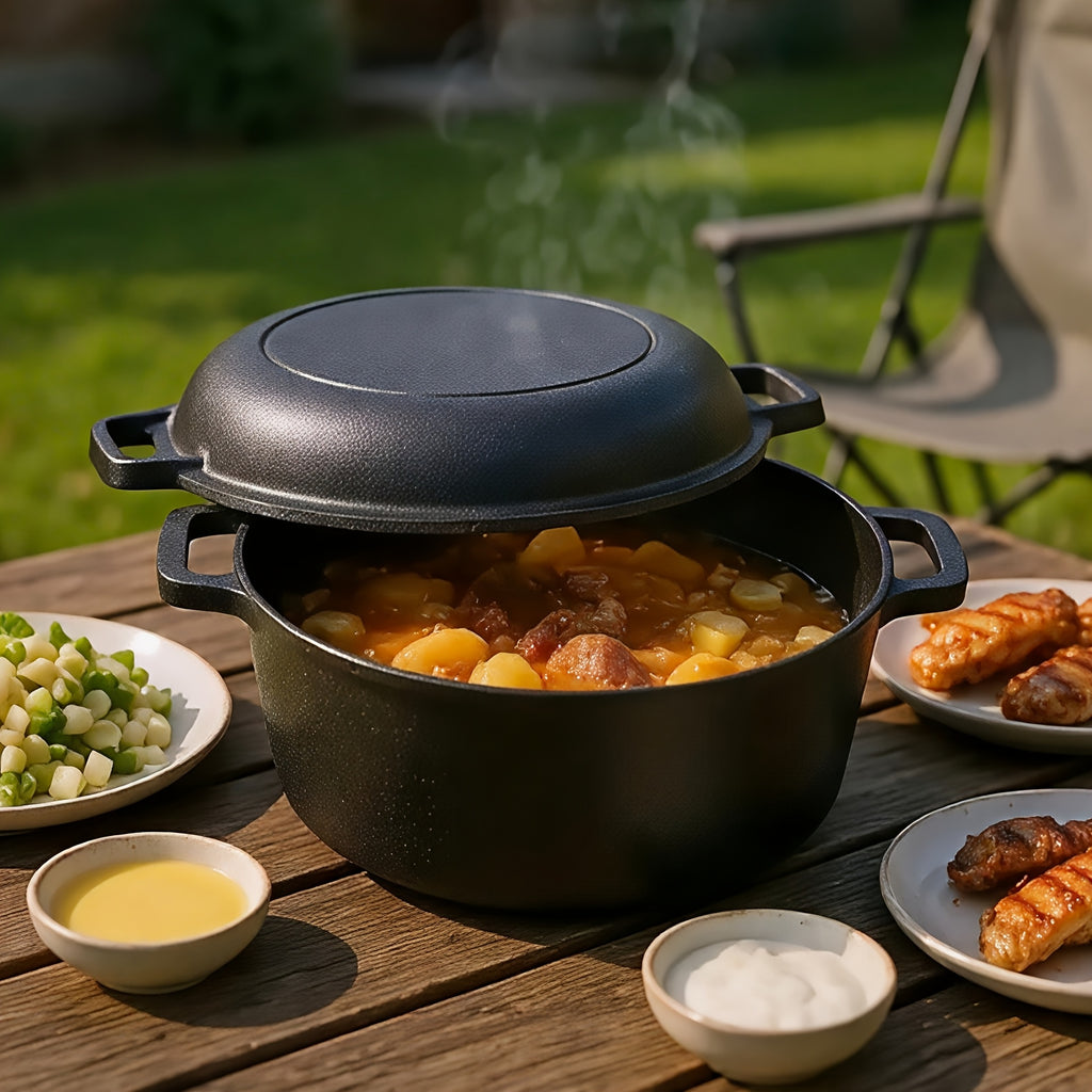 7QT Hand-built 2-in-1 Cast Iron Cookware Set (5.1QT Dutch Oven + 1.9QT Skillet) Dual-Purpose Holiday Cooking Kit For Stove, Induction, Oven, Campfire, With 2 Handles Outdoor BBQ &Indoor Make Sourdough Bread, Frying, Baking, Camping