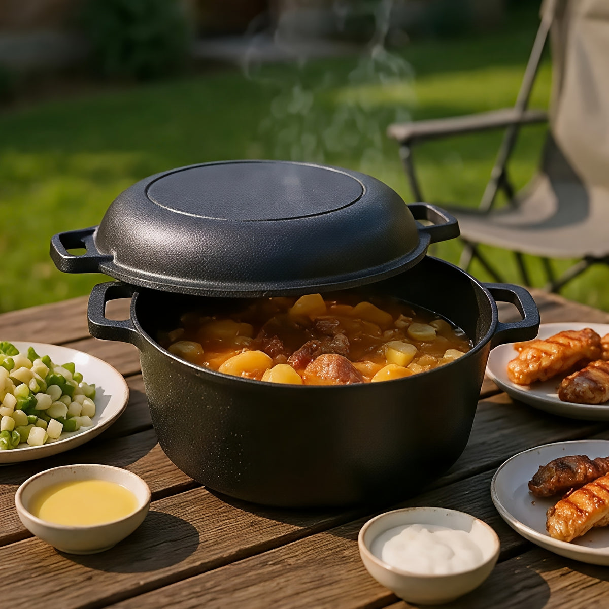 7QT Hand-built 2-in-1 Cast Iron Cookware Set (5.1QT Dutch Oven + 1.9QT Skillet) Dual-Purpose Holiday Cooking Kit For Stove, Induction, Oven, Campfire, With 2 Handles Outdoor BBQ &Indoor Make Sourdough Bread, Frying, Baking, Camping