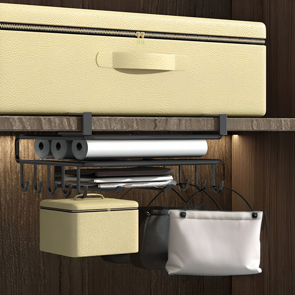 1pc Cabinet Organizer Holder, Cabinet Holder Rack, Bathroom Towel Holder Under Cabinet, Hanging Shelf Under Cabinet with Multiple Hooks for Cups, Kitchen Utensils, And Cutting Boards(Black)