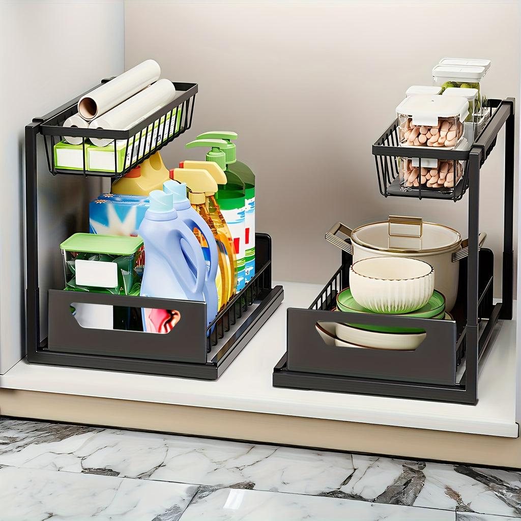 2-story Kitchen Sink Storage Containers, Push-pull Cabinet Organizer, Kitchen and Bathroom Organizers and Storage, Study, Tabletop, Metal Sliding Drawers, Practical and Convenient Kitchen Accessories Essentials, Kitchen Organizers and Storage