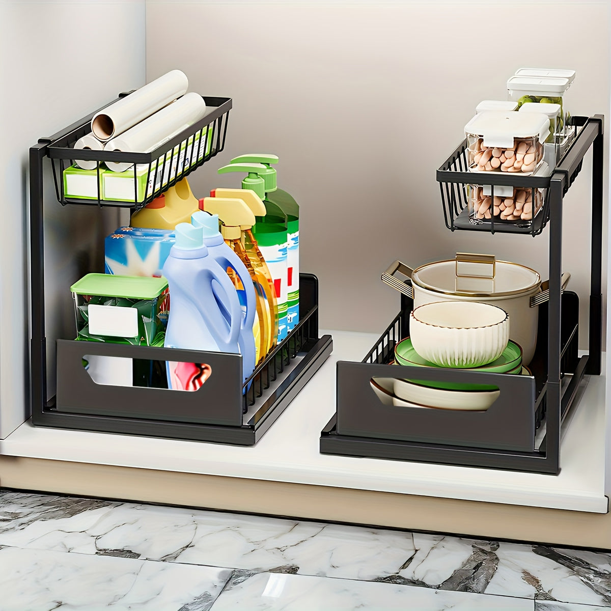 2-story Kitchen Sink Storage Containers, Push-pull Cabinet Organizer, Kitchen and Bathroom Organizers and Storage, Study, Tabletop, Metal Sliding Drawers, Practical and Convenient Kitchen Accessories Essentials, Kitchen Organizers and Storage