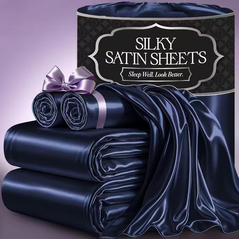 3/4pcs 2100TC Satin Sheets Queen Size Bed Set-Child Satin Bed Sheets Ultra Soft Satin Sheets Queen Set, Breathalbe Satin Bed Sheets Bed Sheets All Sizes Soft Satin Bedding for Bedroom 5 Star Luxury Hotel Experience W/ The Premium Satin Sheets