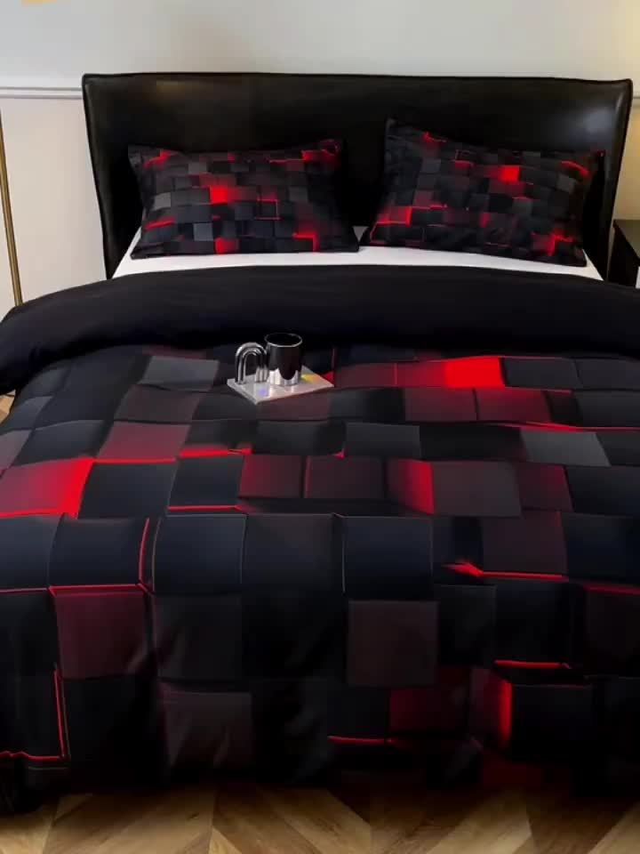2D Flat 3pcs Cool Technology Digital Printing Material Quilt Cover Set Four Seasons Product, Red And Blue, Four Sizes (Twin, Full, Queen, King) (1pc Quilt Cover And 1/2pcs Pillowcases, Without Filling)