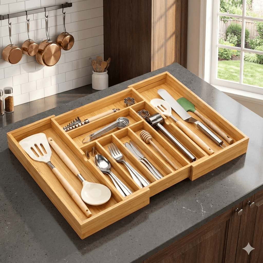 Expandable Bamboo Drawer Organizer - Adjustable Silverware Tray, Cutlery And Utensil Holder for Kitchen Drawer, Multi-Use Storage Tray for Office, Home