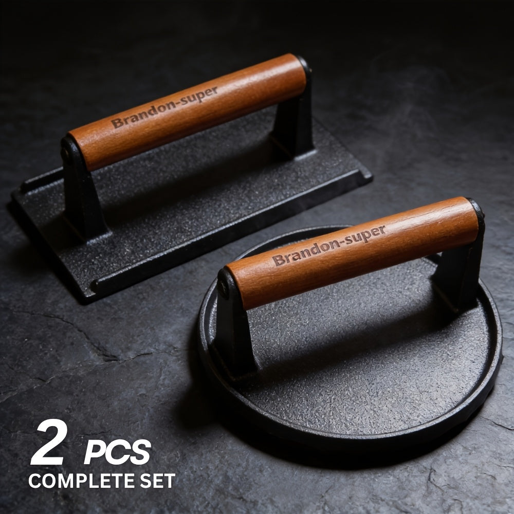 2pcs Cast Iron Burger Press Kit Pressure Plate - Round And Rectangular Heavy Meat Minced Meat with Wooden Handle for Baking Trays, Sandwiches, Suitable for Family Gatherings, Picnics, Camping