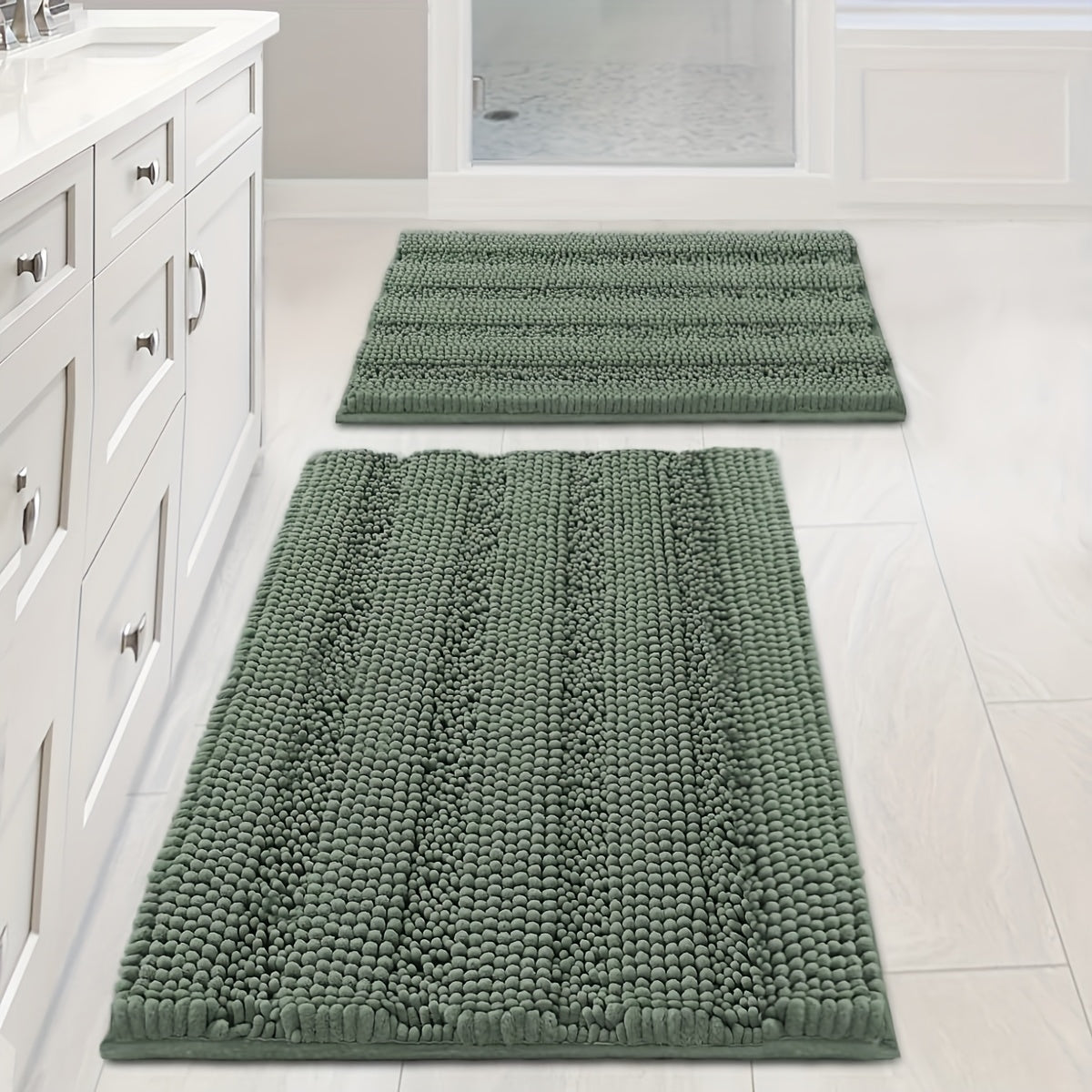 AIERJIA Bathroom Rugs, Set of 2 Thick Chenille Striped Shaggy Bath Mats for The Bathroom, Non-Slip Mats for Bathroom Flooring (32 X 20 And 24 X 17 Inches)