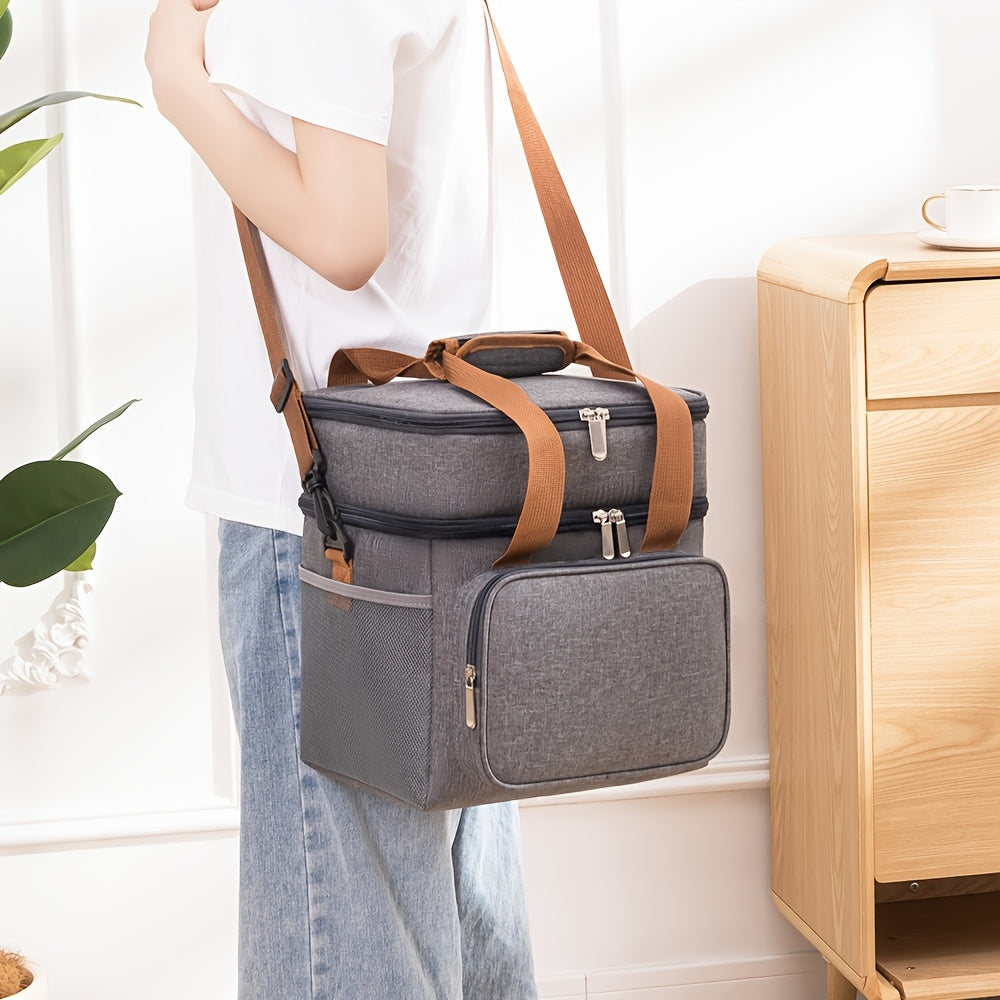 Expandable Double-Layer Insulated Lunch Bag - Leakproof, Durable Cooler Tote for Work, Office, Picnic & Beach - Lightweight with Adjustable Shoulder Strap