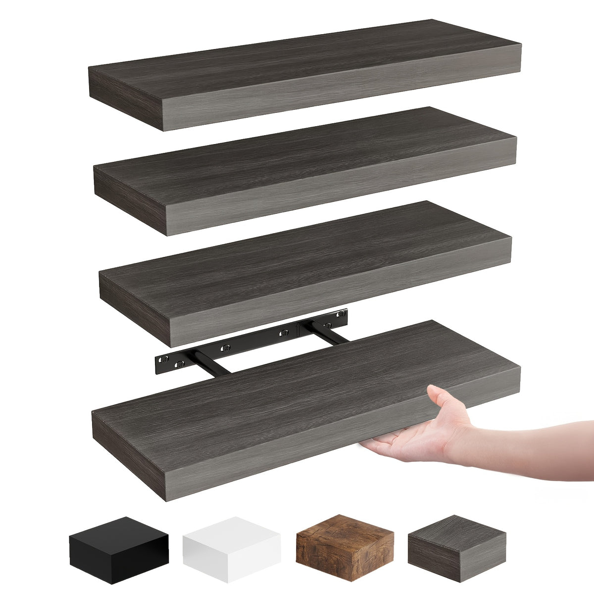 Whonline 4/5pcs Floating Shelves, Gray&White&Black, Rustic Wood Finish Wall Shelves, Shelves For Wall Decor, With Invisible Brackets, Fixed Storage Rack For Kitchen, For Room Decor, Bathroom Storage, Heavy Duty Shelves