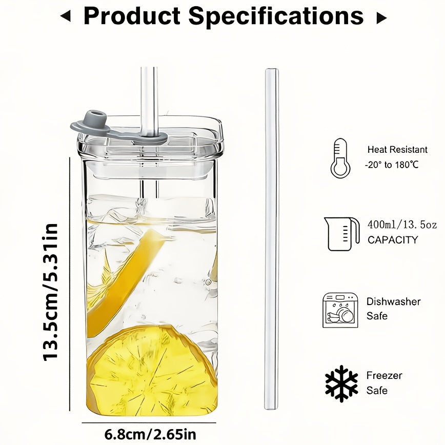 4 Packs/6 Packs, Glass Water Cup, High Borosilicate Glass with Lid And Straw, Women's Korean Square Lid, Transparent, Simple Flat Bottom, Heated Household Coffee Cup, Juice Cup