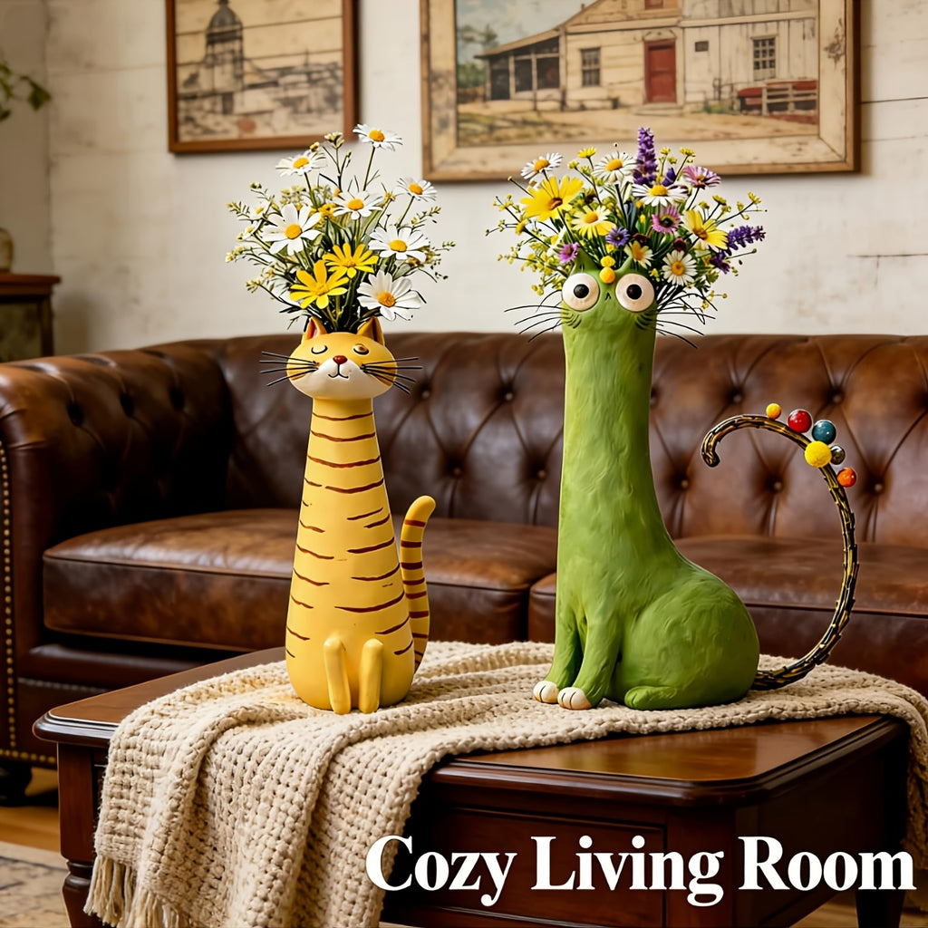 Handmade Bohemian Cat Vase Suitable for - Plastic Cat-Shaped Flower Pot with Retro Style, Desktop Shelf Decoration, Unique Gift for Cat Lovers, Animal Vase for Room Decorations, Plant Holder for Plants & Centerpieces