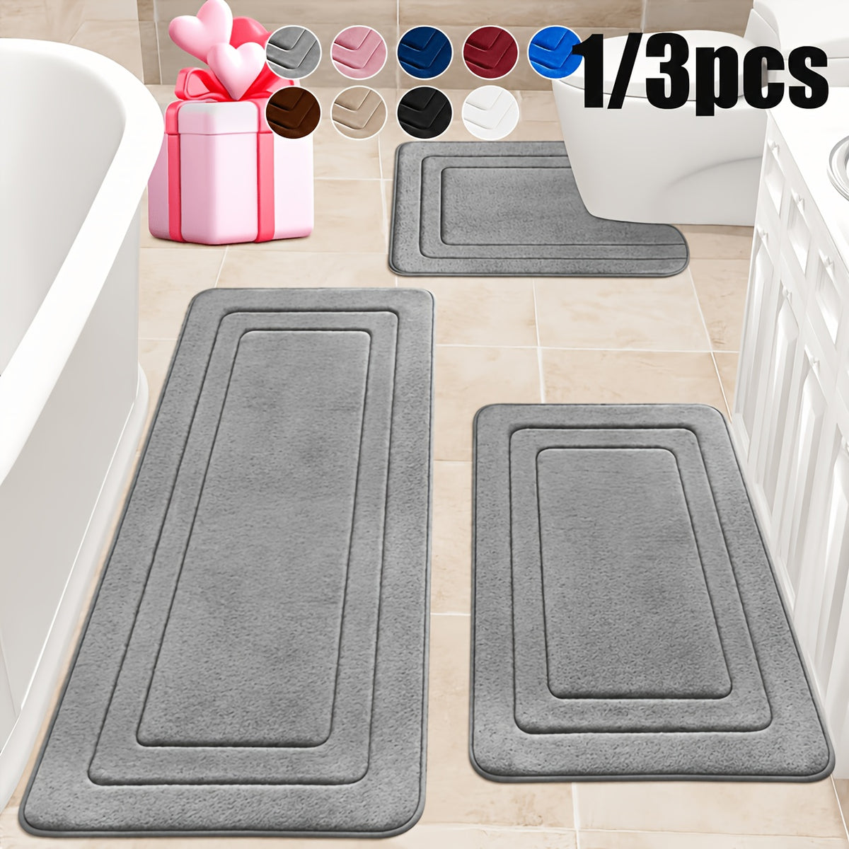 1/3pcs Memory Foam Bathroom Rug Set, Comfortable Standing Mat. Includes U-Shaped Toilet Bath Mat. Thickened. Ultra-Absorbent Soft Rug, Perfect for Bathrooms/Showers, Bathroom Accessories, Non-Slip Bathroom Mats, Room Mats, Outdoor Entryway Mats