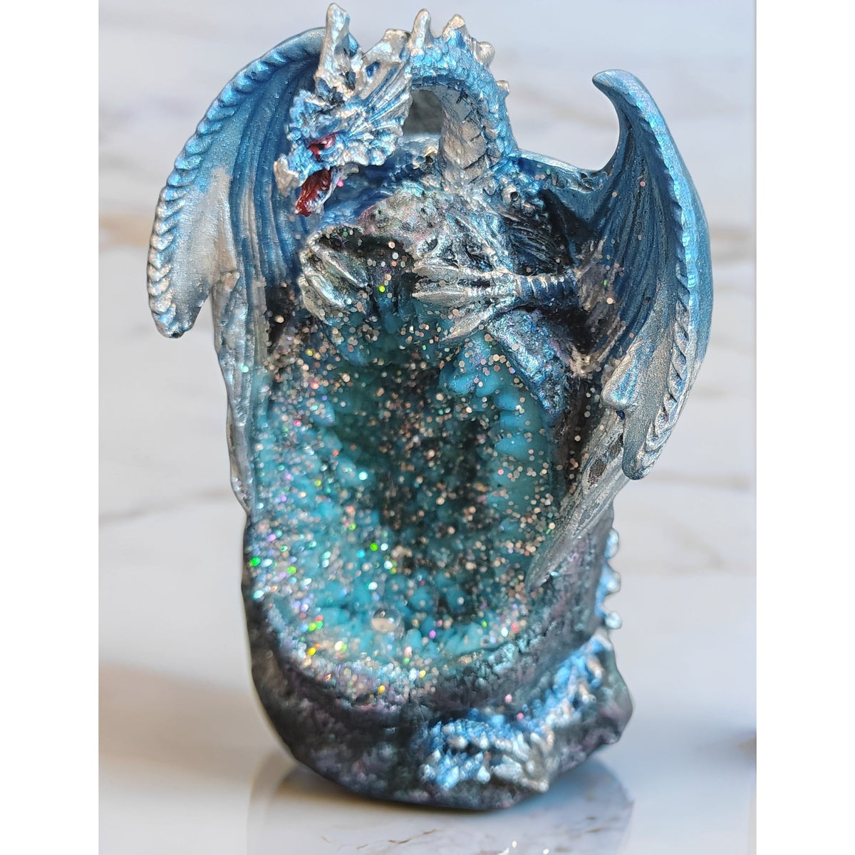 4" H Dragon Guarding Faux Crystal Cave Figurine Statue Home/Room Decor and Perfect Gift Ideas for House Warming, Holidays and Birthdays Great Collectible Addition