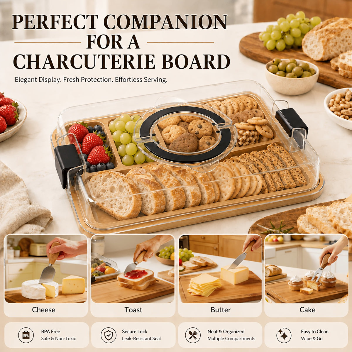 Cutting Board Charcuterie Tray with Clear Lid, 5-Compartment Bamboo Serving Board with Handle And Side Locks, Reusable Snack Platter for Cheese, Fruit, Crackers, Appetizers, Party, Picnic, Kitchen, Holiday Gathering