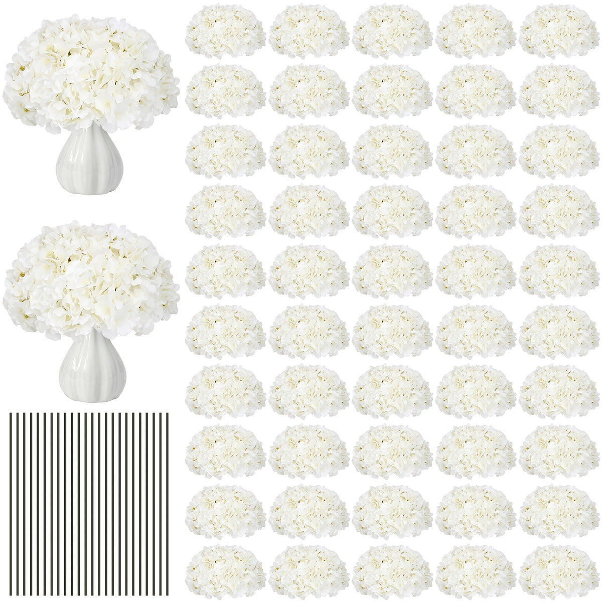Set of 24 Synthetic Hydrangea Blooms with Stems, Ideal for Wedding Decorations, Home Parties, Baby Showers, And Store Displays. These Floral Arrangements Are Long-Lasting And Can Be Reused, Available in White, Orange, Blue, Dreamy Purple, Champagne