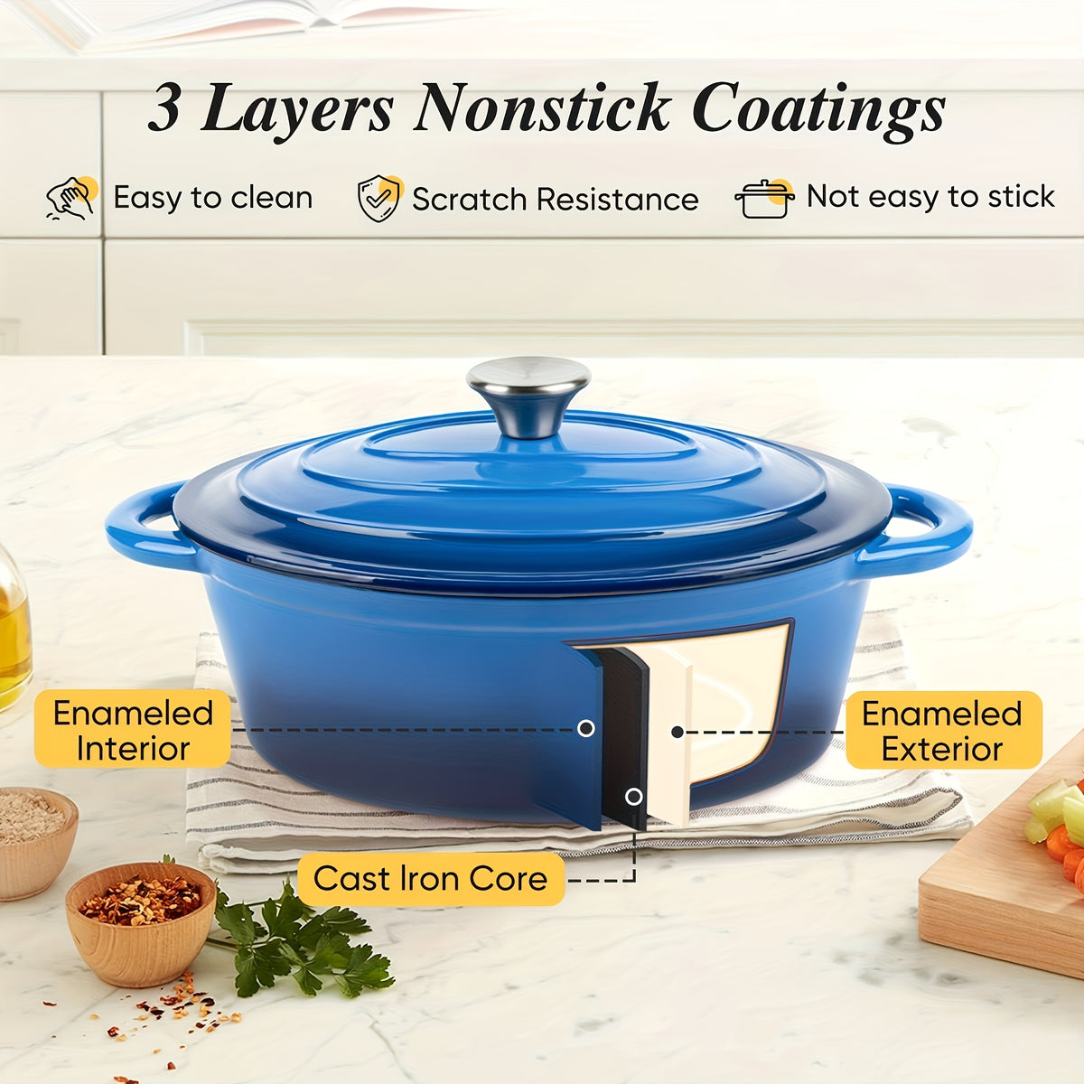 Dutch Oven Made of Cast Iron with an Enamel End, Equipped with a Lid And Two Handles. Perfect for Baking Bread, Slow Cooking, And Roasting. It Offers Great Sealing Capabilities And Works with for All Types of Heat Sources