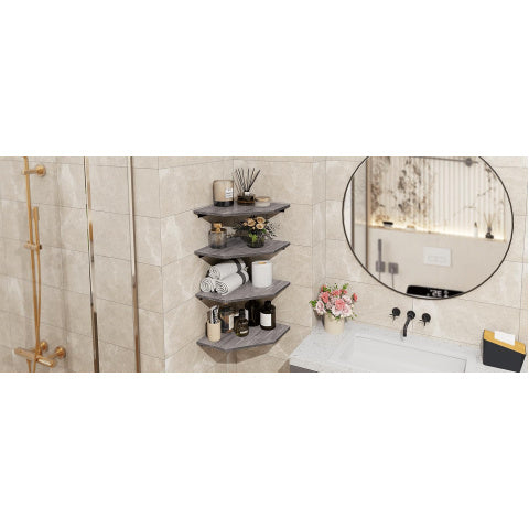 4pcs Solid Wood Corner Shelf Set - Rustic Brown Wall-Mounted Cable Management Shelves with Wire Hole Design & Hidden Wiring for Bathroom, Bedroom, - Space-Saving Corner Shelves Suitable for Cable Boxes & Storage Organization