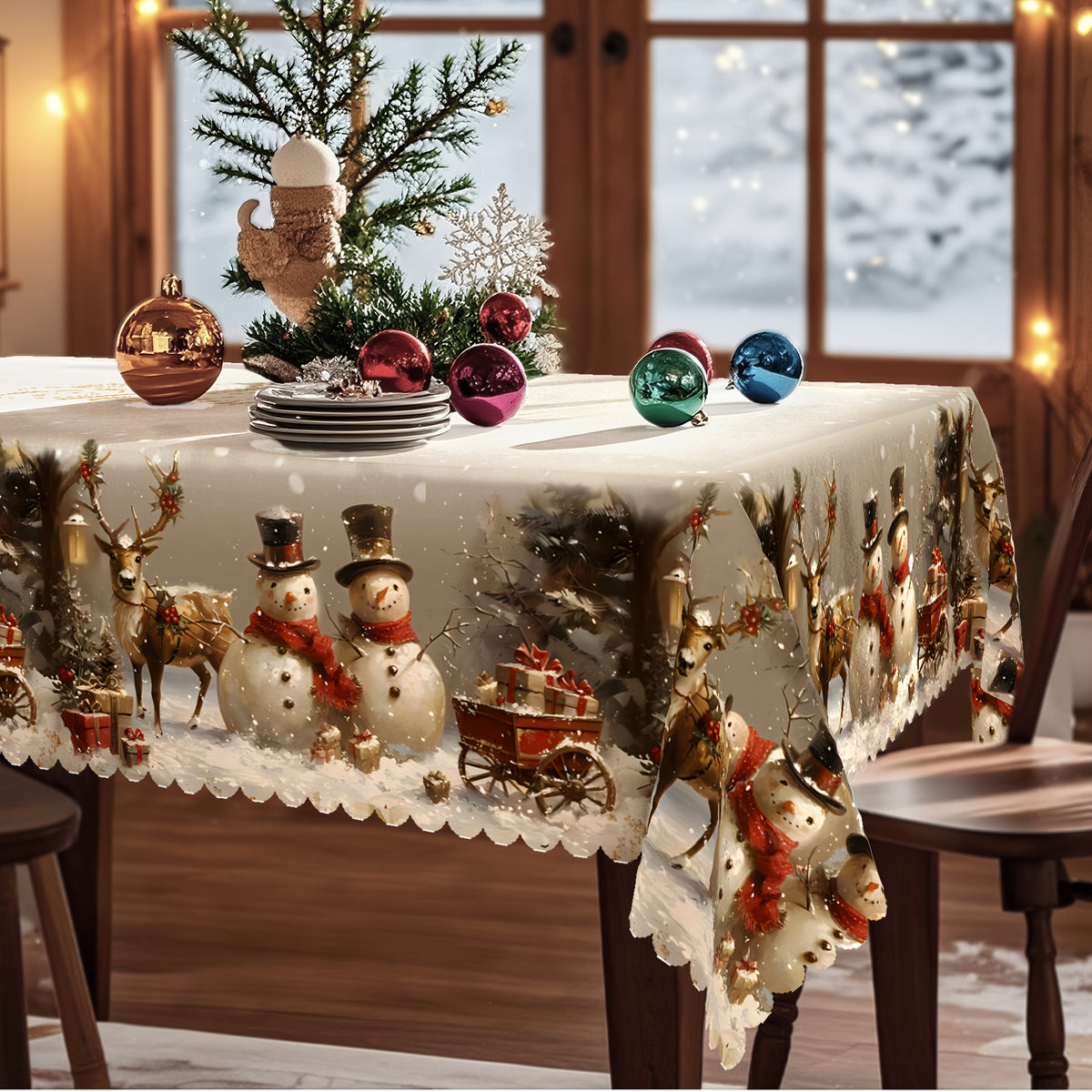 Christmas Tablecloth with Vintage Snowman Reindeer & Christmas Tree - Red & Holiday Table Suitable for Rectangular, Round, Oval Tables - Durable Polyester Fabric for Party, Home, Restaurant Decorations
