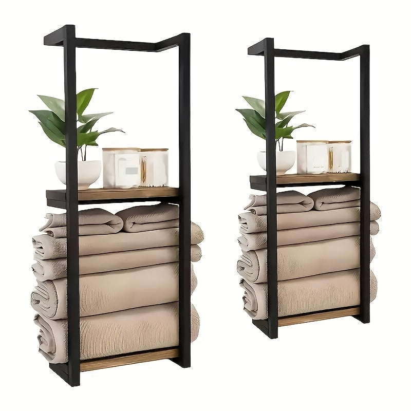 1Pc 2-Tier Bathroom Towel Rack With Shelf - Wall-Mounted Towel And Essentials Storage Rack | Modern Bathroom Elegant Metal And Wood Design, Wall-Mounted Towel Storage Rack, Bedroom Organizer, Bathroom Towel Rack, Bathroom Towel Storage