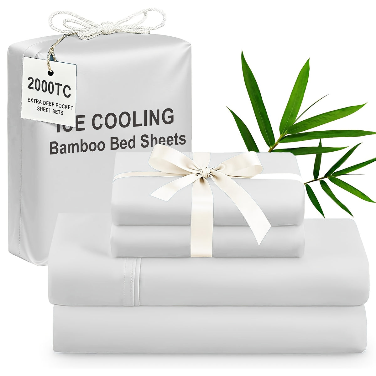 4pcs Bamboo Cooling Bedding - Extra Deep Pocket Breathable And Cooling - Suitable for Hot Sleepers And Sweats, Children Pillowcases, Flat Sheet And Fitted Sheet - A Perfect Gift for Family, Queen And King Sizes