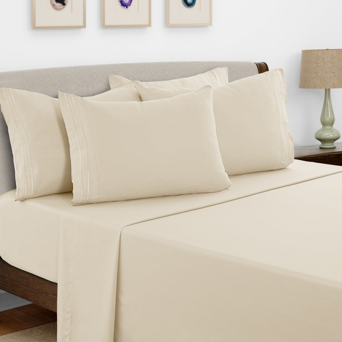 Lux Decor 6 Pieces Solid Bed Sheets Set - Modern Soft Comfortable Bedding Set, Hotel Luxury Skin Friendly Cooling Sheets & Embroidered Pillowcases Without Filler - All Seasons Bed Sheet with 16 Inches deep Pocket, Breathable Skin Friendly & Cooling Sheets
