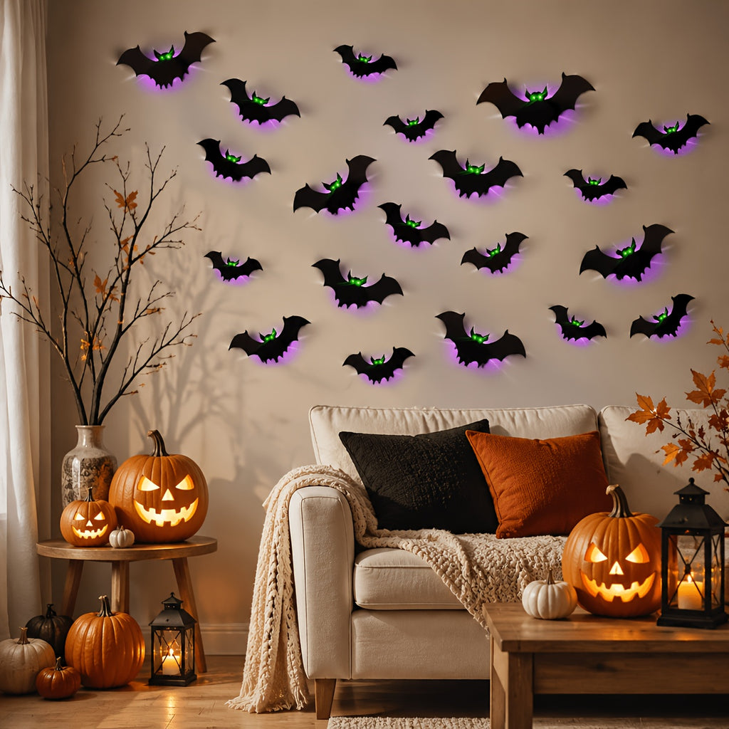 24 Packs Halloween Bats Decorations Wall Stickers with Glow in The Dark Eyes, 4 Different Styles Removable PVC Wall Bat Stickers for Indoor Outdoor Home Window Garage Decor Party Supplies