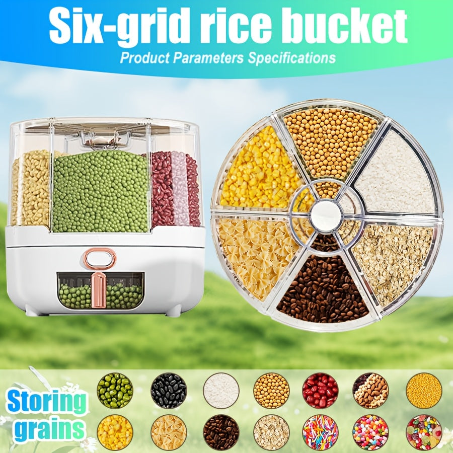 Six Compartment Rice Dispenser, 360-Degree Rotating Grain Storage with Transparent Window and Push-Button Dispensing in 13 or 22 lb Options