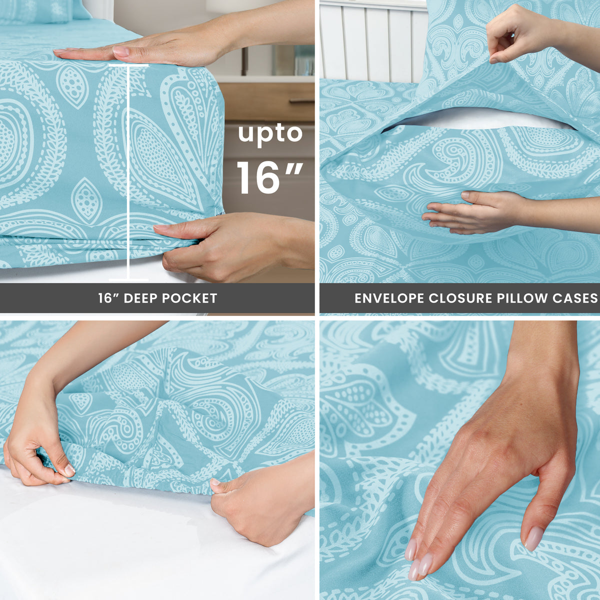 Paisley Bed Sheet Set, Soft Double Brushed Microfiber Bedding with 16-Inch Deep Pocket Fitted Sheet and Pillowcases in Six Sizes for Bedroom Comfort