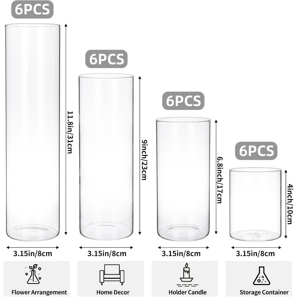 TOMNK 12/24pcs Glass Cylinder Vase 4, 6.8, 9, 12 Inch Glass Candle Holder Clear Vases for Centerpieces Tall Flower Vase for Wedding Home Decor Party 4 Different Sizes, Suitable for DIY Candle Making