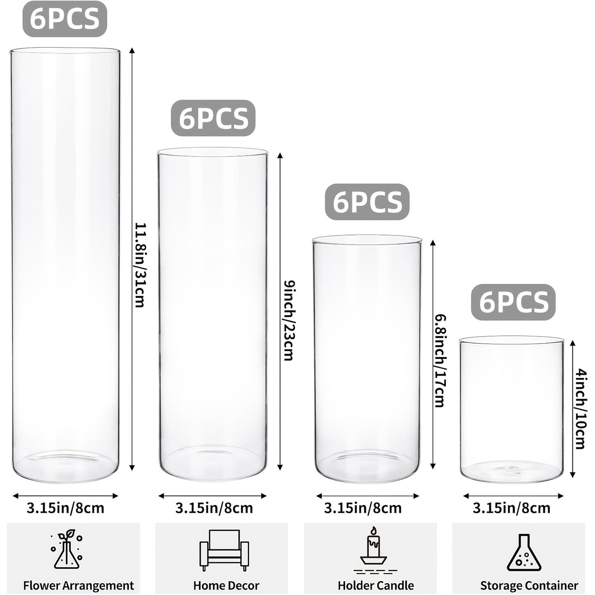 TOMNK 12/24pcs Glass Cylinder Vase 4, 6.8, 9, 12 Inch Glass Candle Holder Clear Vases for Centerpieces Tall Flower Vase for Wedding Home Decor Party 4 Different Sizes, Suitable for DIY Candle Making