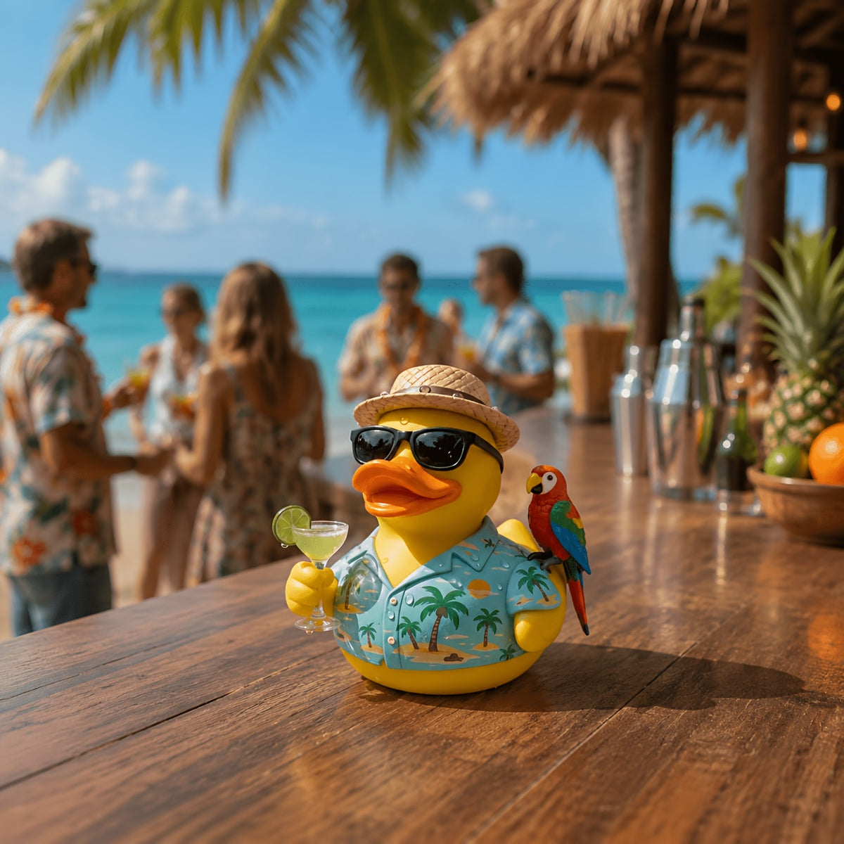 Cocktail Beach Duck, Special Summer Edition. Exquisite Craft Ornament. Perfect for Outdoor Scenes, Pool Parties, Beach Parties, Hawaiian Styles Seaside Vacations. Ideal Decor for Summer-Themed Shoots And Thoughtful Seasonal Gifts