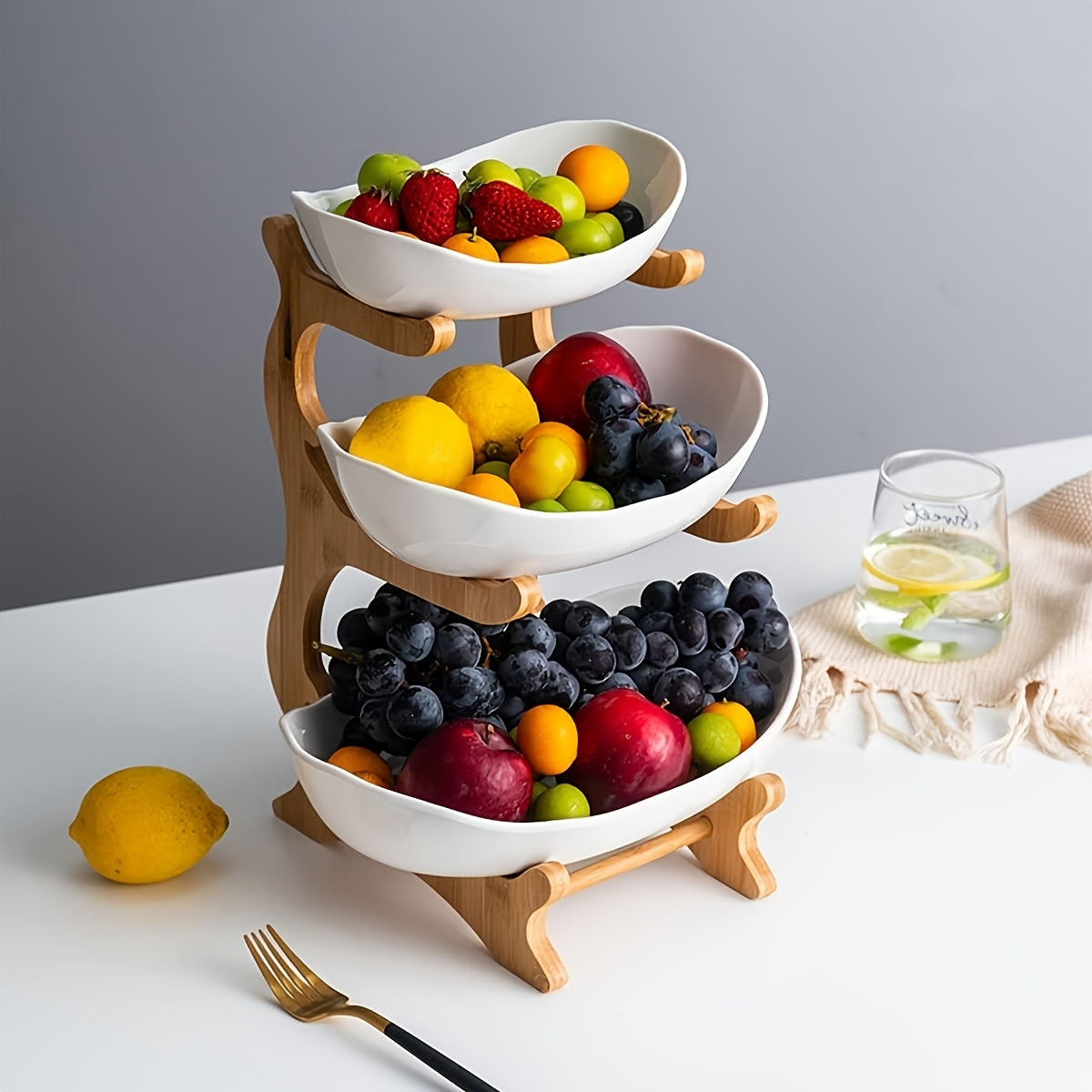 [Bamboo Wood Stand] A Creative Two-Tier/Three-Tier Kitchen Fruit Basket, Large-Capacity Layered Fruit Basket, European-Style Dried Fruit Tray, Bamboo Wood Stand, Household Snack Plate, Candy Tray, Fruit Basket