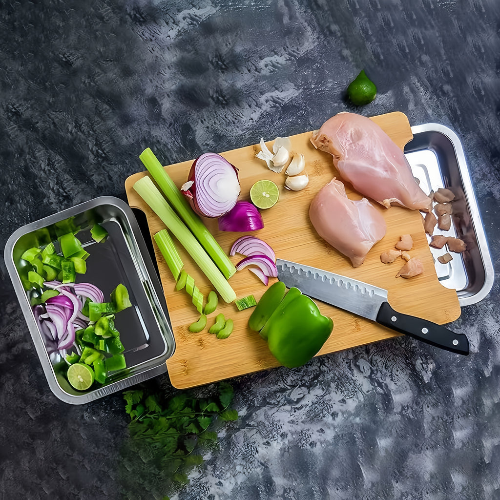 One Durable Bamboo Cutting Board Featuring Four Drawers Or Two Stainless Steel Trays, Designed with a Food Sliding Opening. This Carving Board Comes with Trays for Food Storage, Transport, And Easy Cleanup, Making It an Ideal Christmas Gift