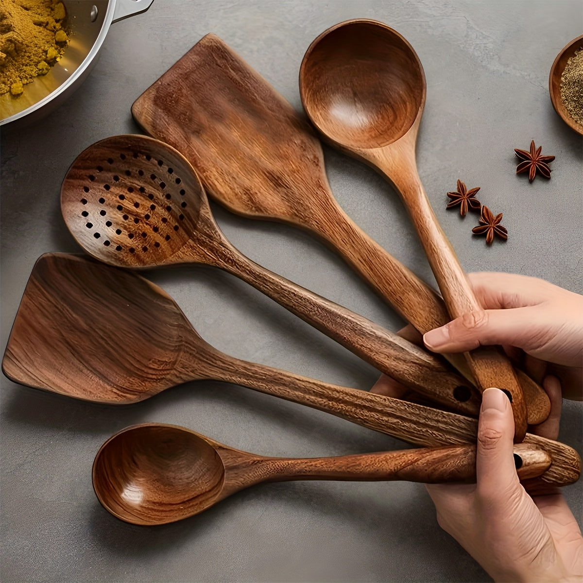 3/5/7Pcs Premium Wooden Kitchen Utensils Kit -Ergonomic Handles Natural Wooden Spoons Spurtle Ladle and Wok Spatulas Heavy-Duty Wooden Utility Set for Non-Stick Pans Heat Resistant Easy to Clean and Durable Kitchen Essentials Cookware Accessories