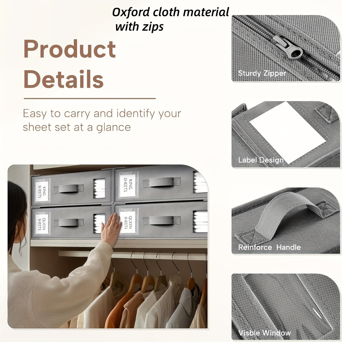 4pcs Foldable Bedding Sheet Storage Box, Oxford Fabric & Nonwoven Fabric Organizer with Clear Visual Window, Dustproof Storage Container for Bed Sheets, Duvet Covers, Blankets, Ideal for Closet, Bedroom, Home Organization, Grey & Beige Colors