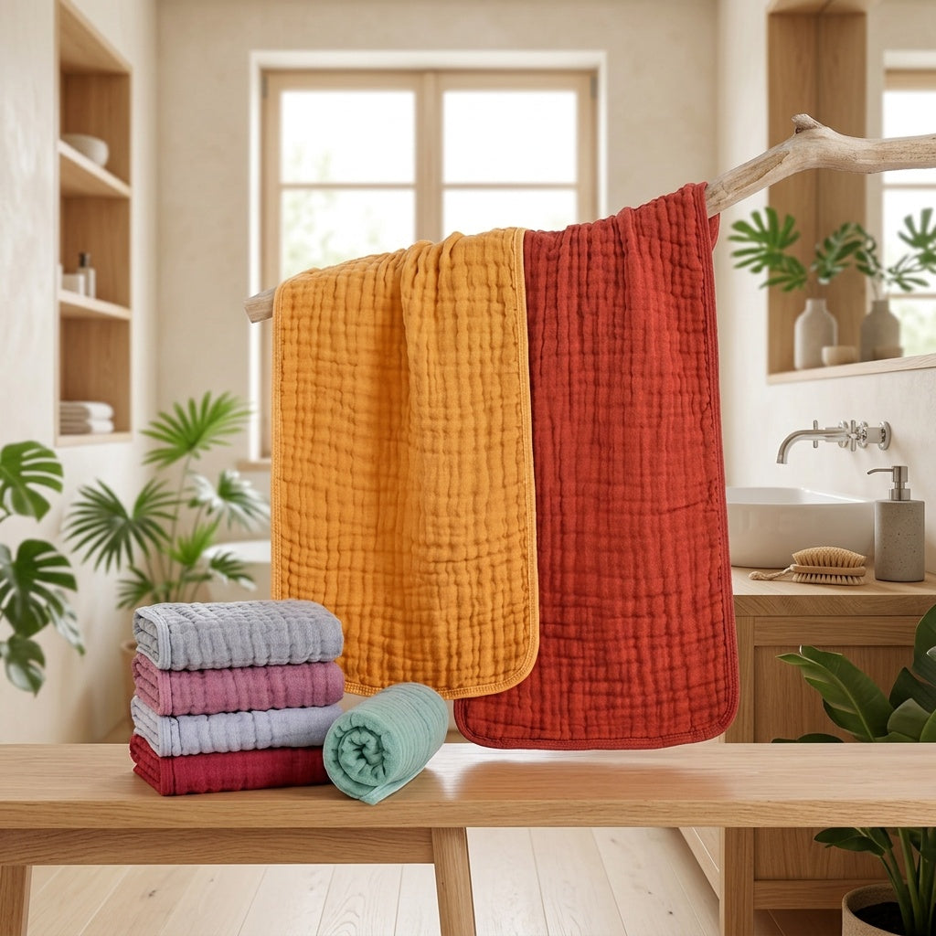 Cotton Gauze Towels, 4-Piece Six-Layer Soft Breathable Quick-Drying Textured Towel Set in Multiple Colors for Bathroom, Facial Care, Gym, Spa and Travel